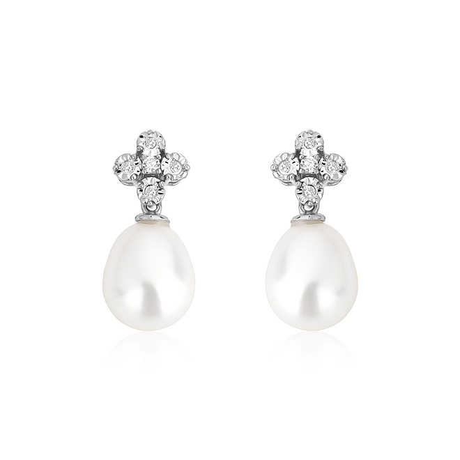 Brinco de Pérola ouro branco 18k base com Diamantes 1