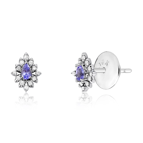 Brinco Stud ouro branco 18k gota de Tanzanita com Diamantes