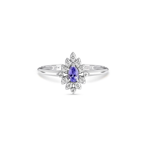 Anel gota de Tanzanita ouro branco 18k com 21pts de Diamantes