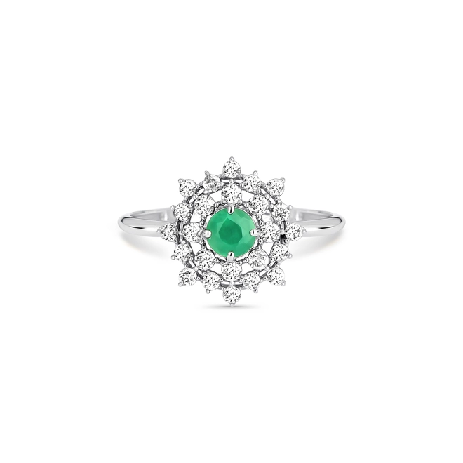 Anel flor de Esmeralda ouro 18k contorno duplo de Diamantes 3