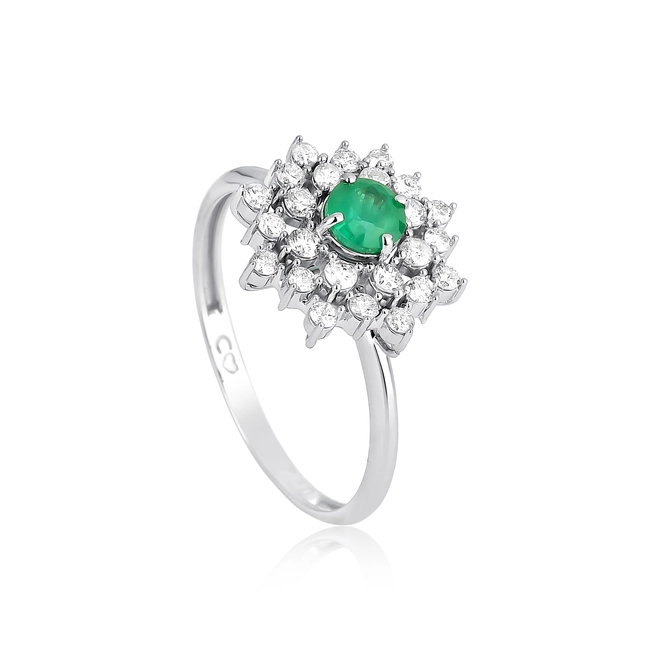 Anel flor de Esmeralda ouro 18k contorno duplo de Diamantes 1