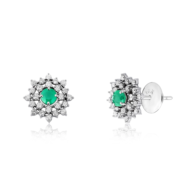 Brinco Stud ouro branco 18k flor de Esmeralda com Diamantes 1