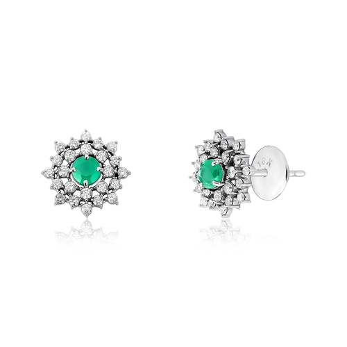 Brinco Stud ouro branco 18k flor de Esmeralda com Diamantes