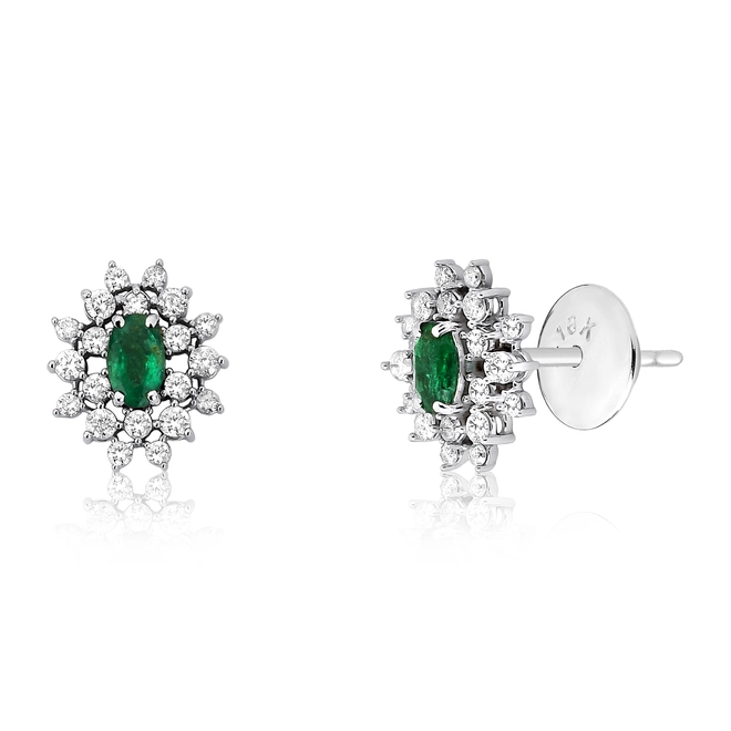 Brinco Stud ouro branco 18k gema oval de Esmeralda com Diamantes 1