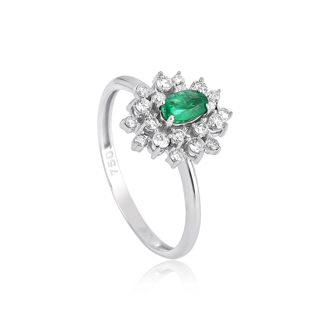 Anel de Esmeralda gema oval ouro branco 18k com Diamantes 1