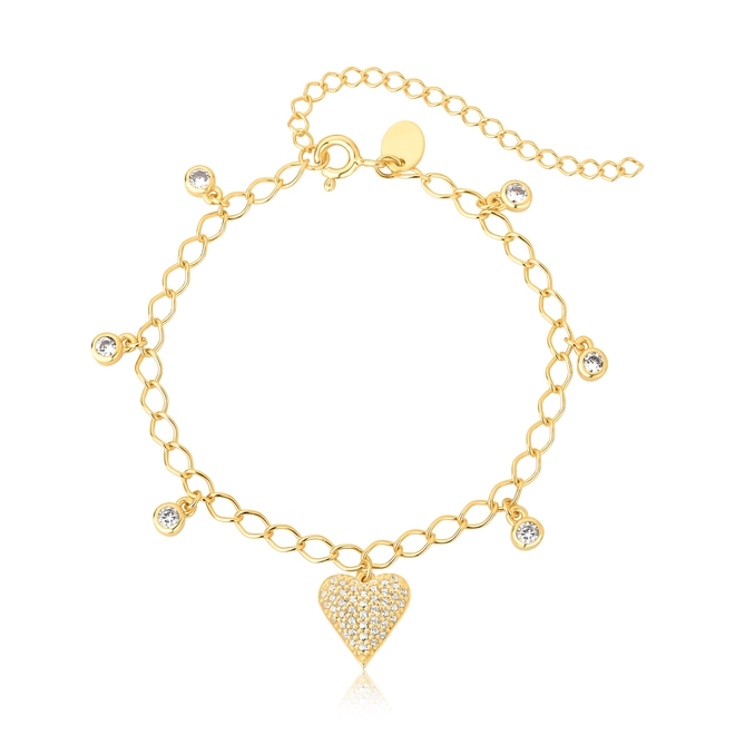 Pulseira For Love prata 925 dourada pingentes e coração pavê de Zircônias 1