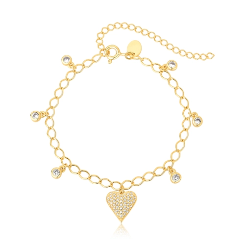 Pulseira For Love prata 925 dourada pingentes e coração pavê de Zircônias