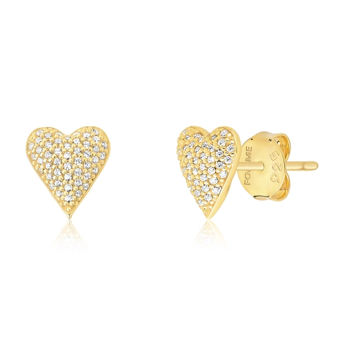 Brinco For Love Stud prata 925 dourada coração pavê de Zircônias
