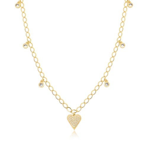 Gargantilha For Love Choker prata 925 dourada com pingentes e coração pavê de Zircônias