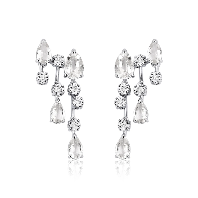 Brinco Ear cuff pingente ouro branco 18k com gotas de Cristal e Diamantes 1