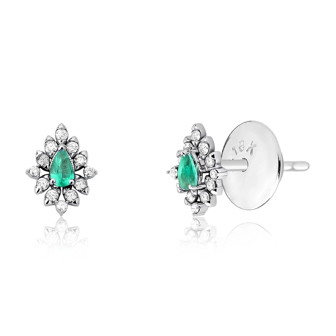 Brinco Stud de ouro branco 18k gota de Esmeralda com Diamantes 1