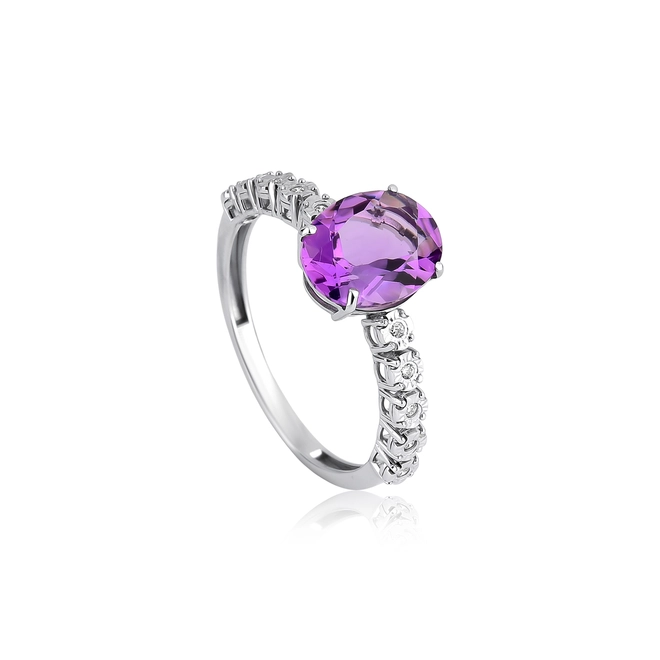 Anel gema oval Ametista ouro branco 18k com 5pts de Diamantes 1