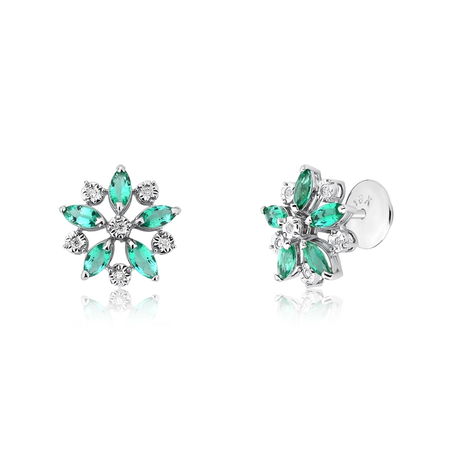 Brinco flor ouro branco 18k navetes de Esmeraldas e Diamantes 1