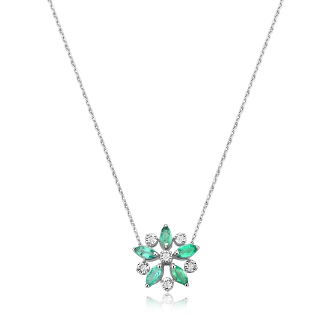 Gargantilha flor ouro branco 18k navetes de Esmeralda e Diamantes 1