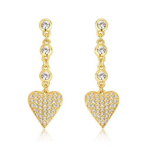Brinco For Love pingente 3 gemas prata 925 dourada com coração pavê de Zircônias