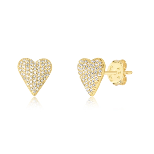 Brinco For Love Stud prata 925 dourada coração com pavê de Zircônias