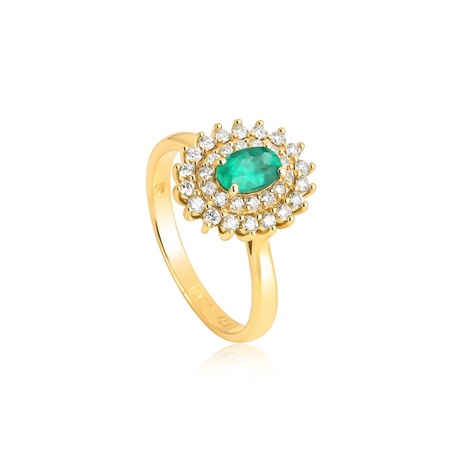Anel oval de Esmeralda ouro 18k contorno duplo com 38pts de Diamantes 1