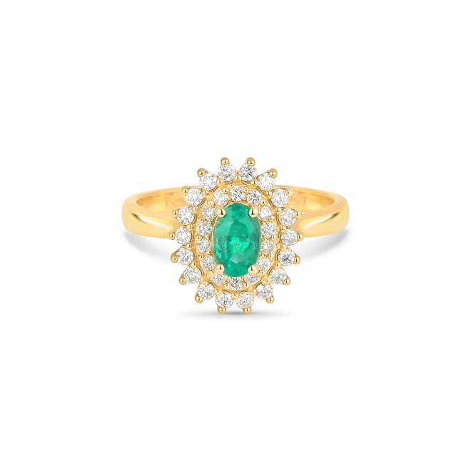 Anel oval de Esmeralda ouro 18k contorno duplo com 38pts de Diamantes 3