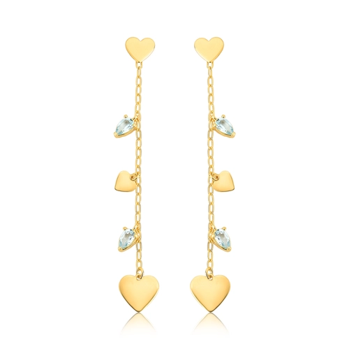Brinco For Love pingente prata 925 dourada corações e gotas de Topázio Sky