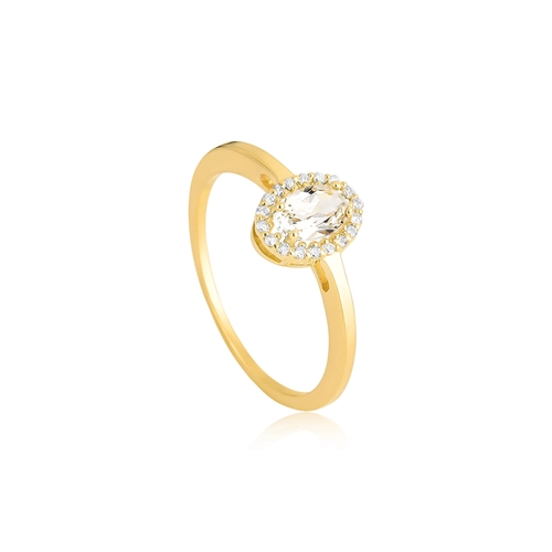 Anel oval de Topázio branco ouro 18k contorno de Diamantes