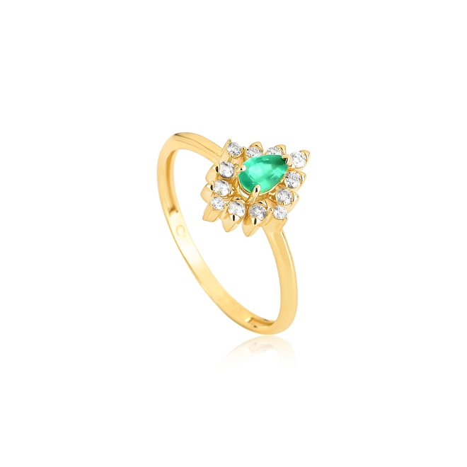 Anel gota de Esmeralda ouro 18k contorno de 21pts de Diamantes 1