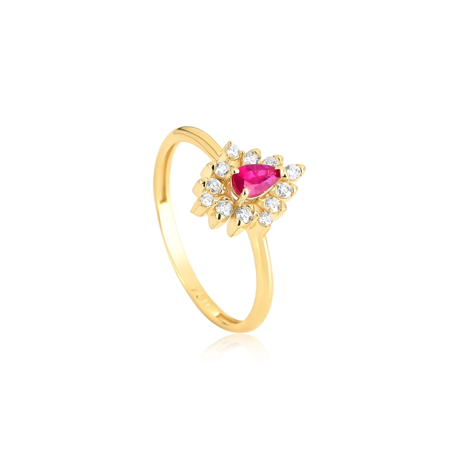 Anel gota de Rubi ouro 18k contorno de 21pts de Diamantes 1