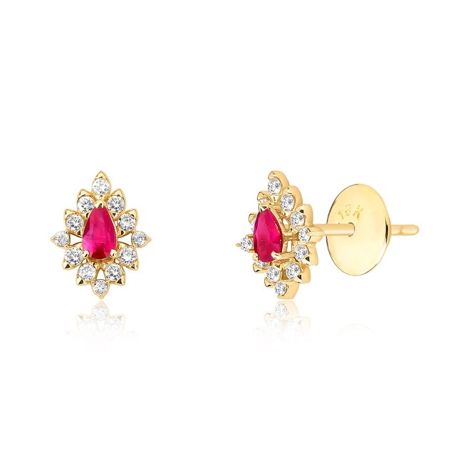 Brinco Stud gota de Rubi ouro 18k contorno com Diamantes 1