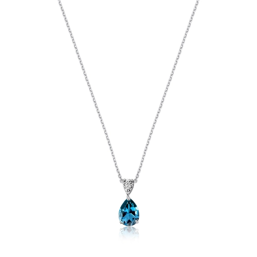 Gargantilha pingente ouro branco 18k gota de Topázio London e Diamante