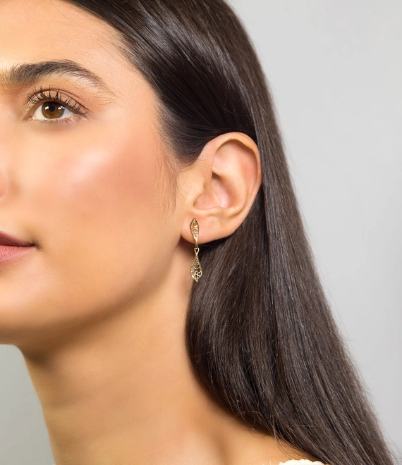 Brinco Rosée pingente ouro 18k folhas tramas orgânicas com Diamante 5