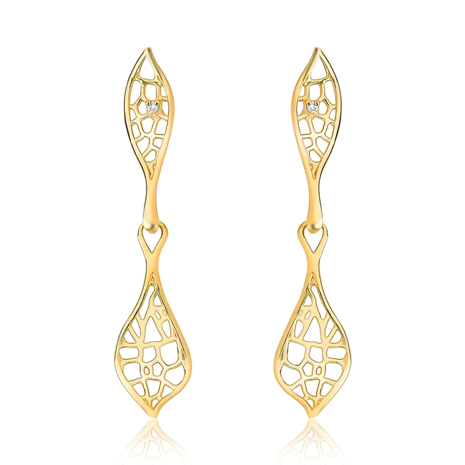 Brinco Rosée pingente ouro 18k folhas tramas orgânicas com Diamante 1