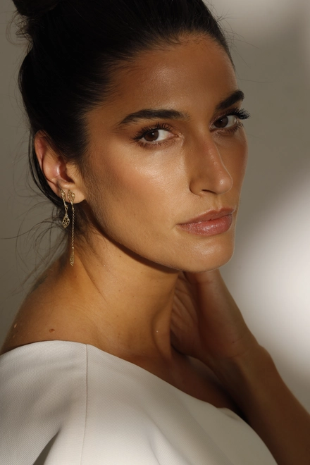 Brinco Rosée pingente ouro 18k folhas tramas orgânicas com Diamante 2
