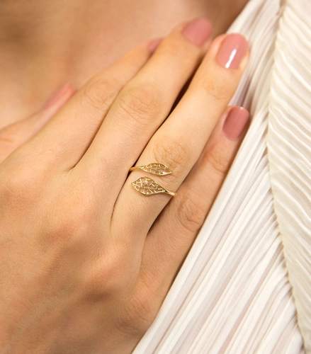 Anel Rosée folhas ouro 18k aro aberto tramas orgânicas com Diamante