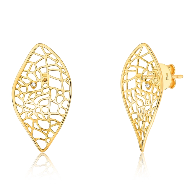 Brinco Rosée folha ouro 18k tramas orgânicas vazadas com Diamante 1