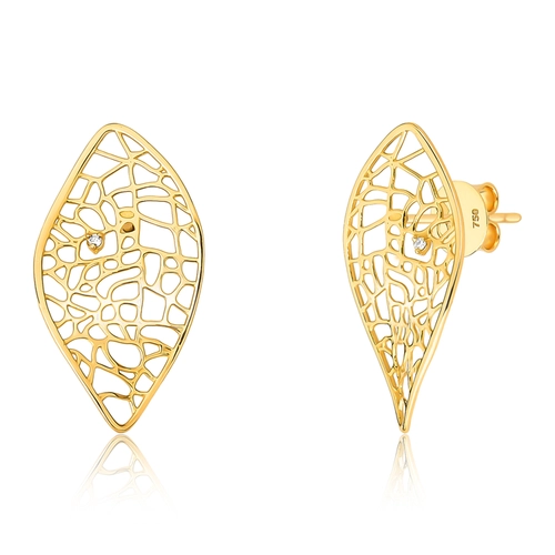 Brinco Rosée folha ouro 18k tramas orgânicas vazadas com Diamante