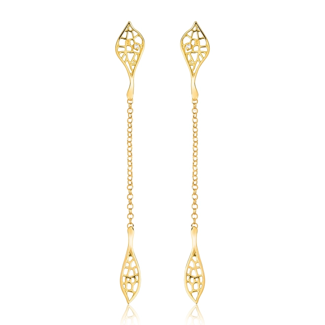 Brinco Rosée pingente folhas ouro 18k tramas orgânicas vazadas com Diamante 1