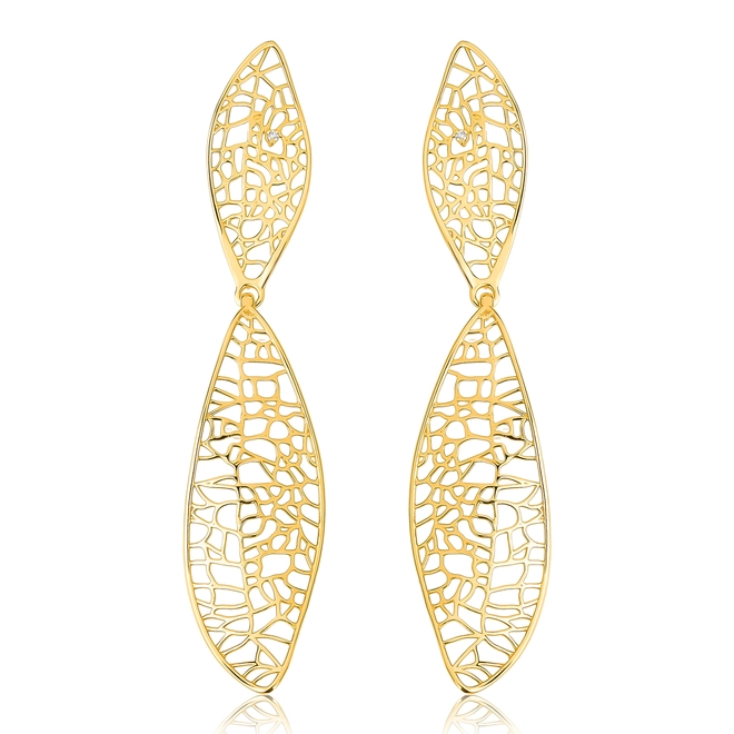Brinco Rosée folhas articuladas ouro 18k tramas orgânicas vazadas com Diamante 1