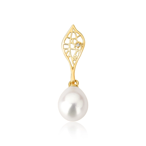Pingente Rosée folha trama orgânica ouro 18k com Diamante e Pérola