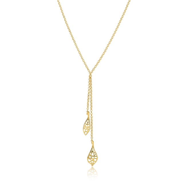 Gargantilha gravatinha Rosée ouro 18k pingente folhas tramas orgânicas com Diamante 1