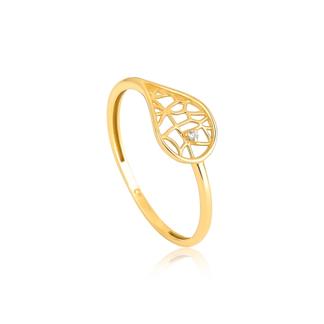 Anel Rosée folha ouro 18k tramas orgânicas vazadas com Diamante 1