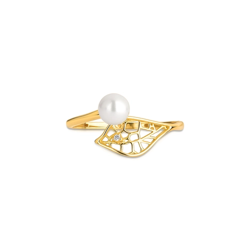Anel Rosée folha ouro 18k trama orgânica vazada com Diamante e Pérola