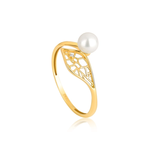 Anel Rosée folha ouro 18k trama orgânica vazada com Diamante e Pérola
