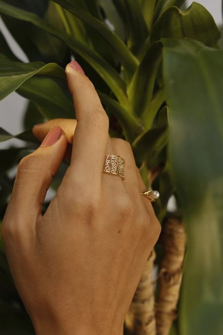 Anel Rosée largo côncavo vazado ouro 18k tramas orgânicas com Diamante 2