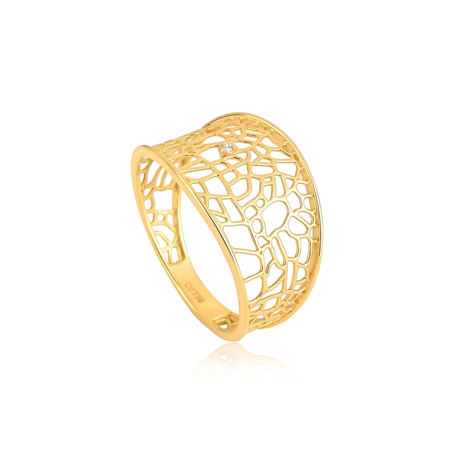 Anel Rosée largo côncavo vazado ouro 18k tramas orgânicas com Diamante 1