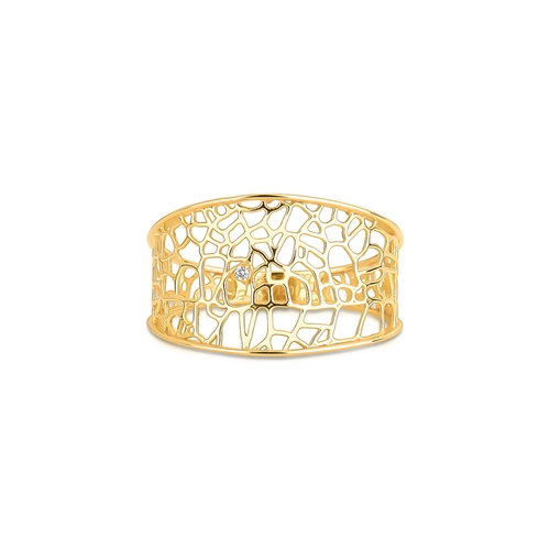 Anel Rosée largo côncavo vazado ouro 18k tramas orgânicas com Diamante