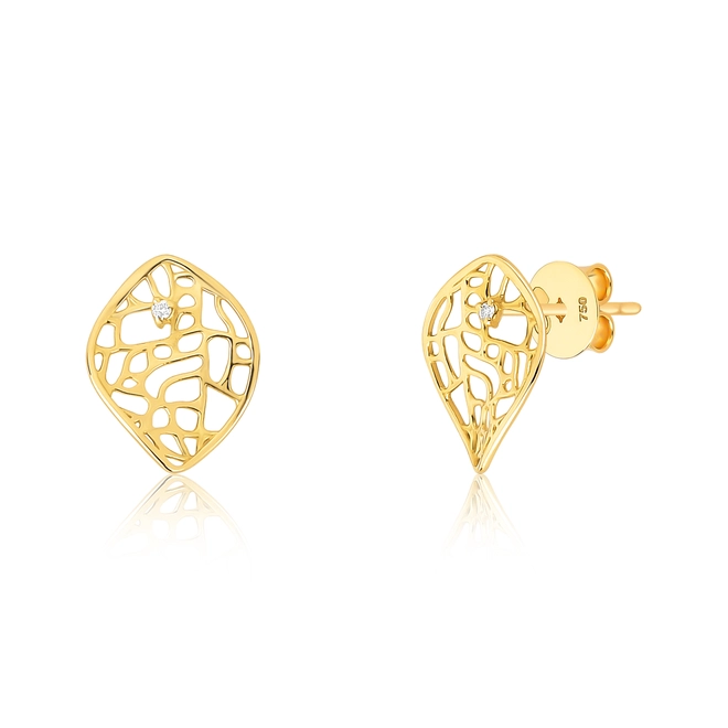 Brinco Rosée Stud folhas ouro 18k tramas orgânicas vazadas com Diamante 1