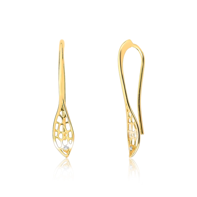 Brinco Rosée gancho folha ouro 18k tramas orgânicas vazadas com Diamante 1