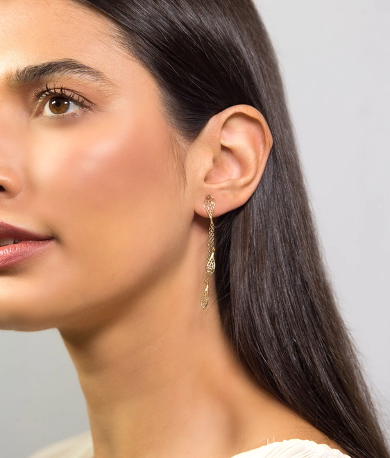 Brinco Rosée pingente articulado ouro 18k folhas tramas orgânicas com Diamante 3