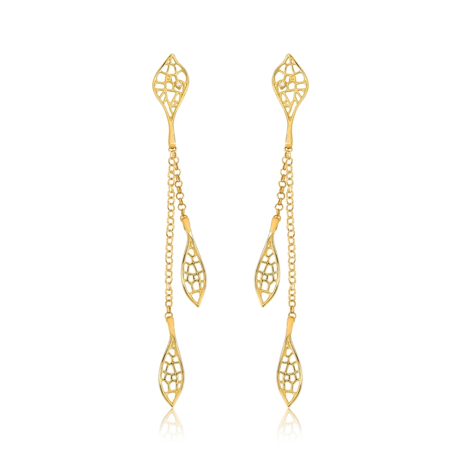 Brinco Rosée pingente articulado ouro 18k folhas tramas orgânicas com Diamante 1