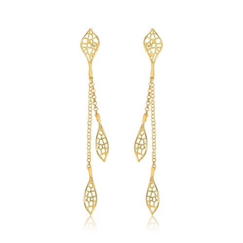 Brinco Rosée pingente articulado ouro 18k folhas tramas orgânicas com Diamante