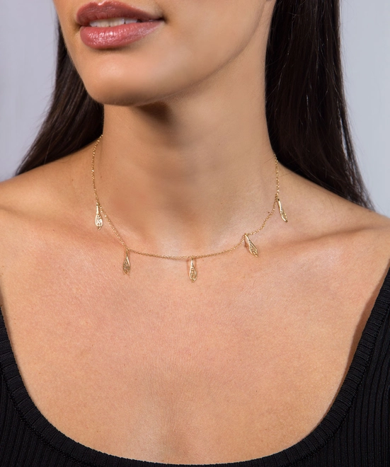 Gargantilha Rosée corrente ouro 18k 5 pingentes folhas tramas orgânicas com Diamante 4